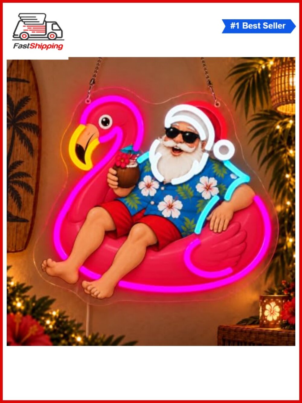 🎅 Tropical Christmas LED Neon Sign Flamingo Santa Dimmable USB Wall Decor
